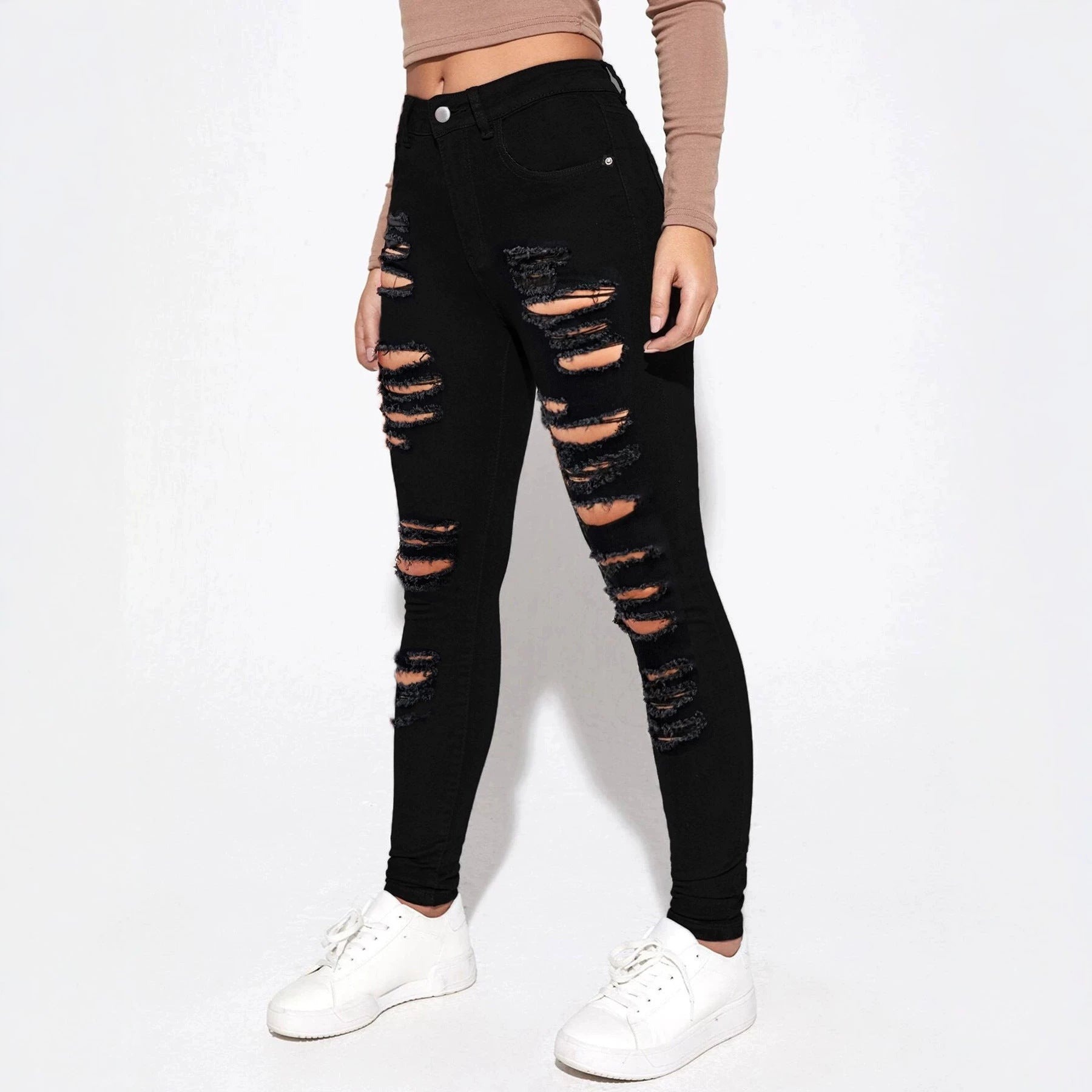 Women's high-waisted super stretch jeans in skinny fit with pronounced destroy rips Chichicherry