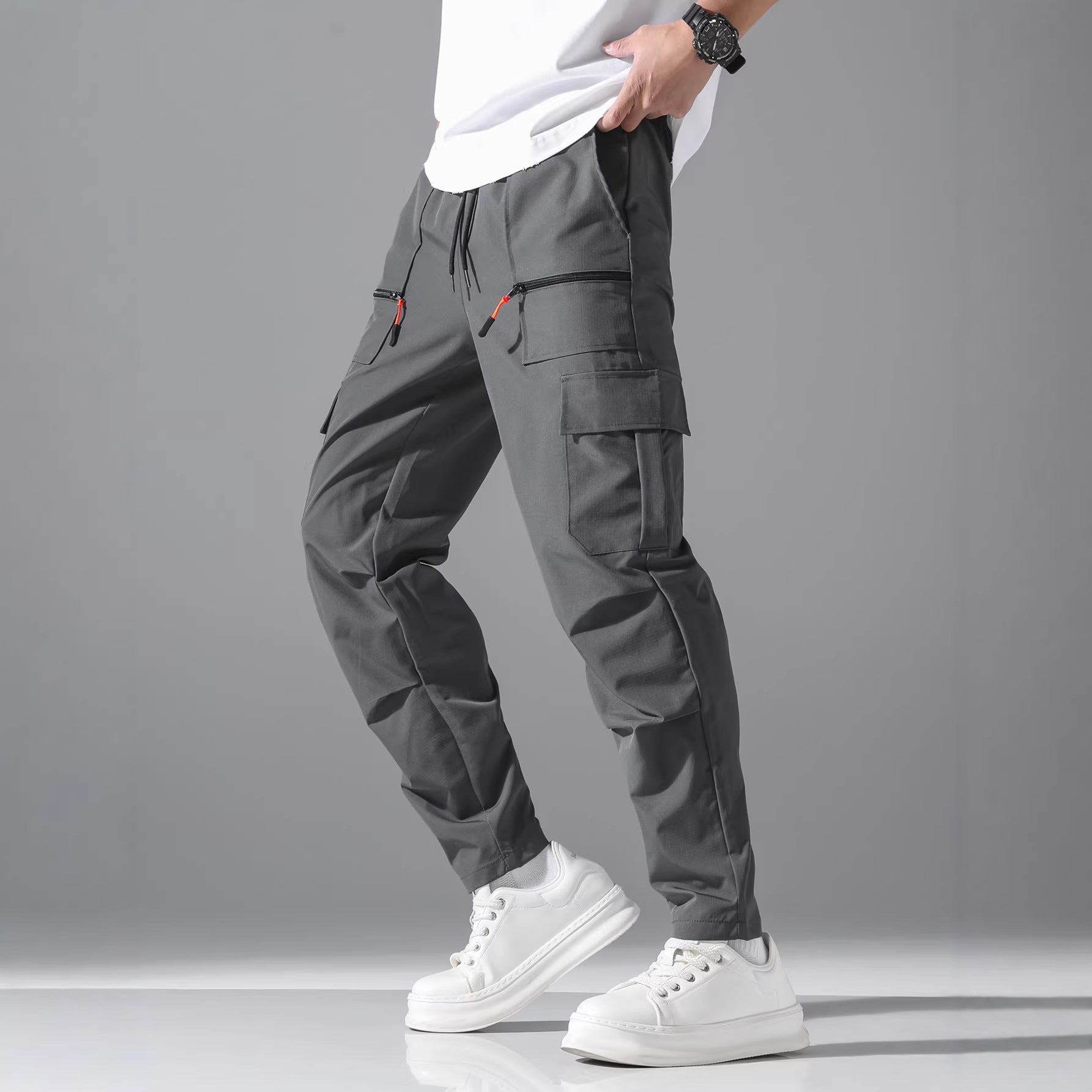Men's utility cargo pants with zip pockets, drawstring waistband & pre-shaped knee sections Chichicherry