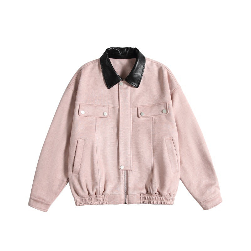 Women's short cut boxy bomber jacket with contrasting faux leather collar Chichicherry