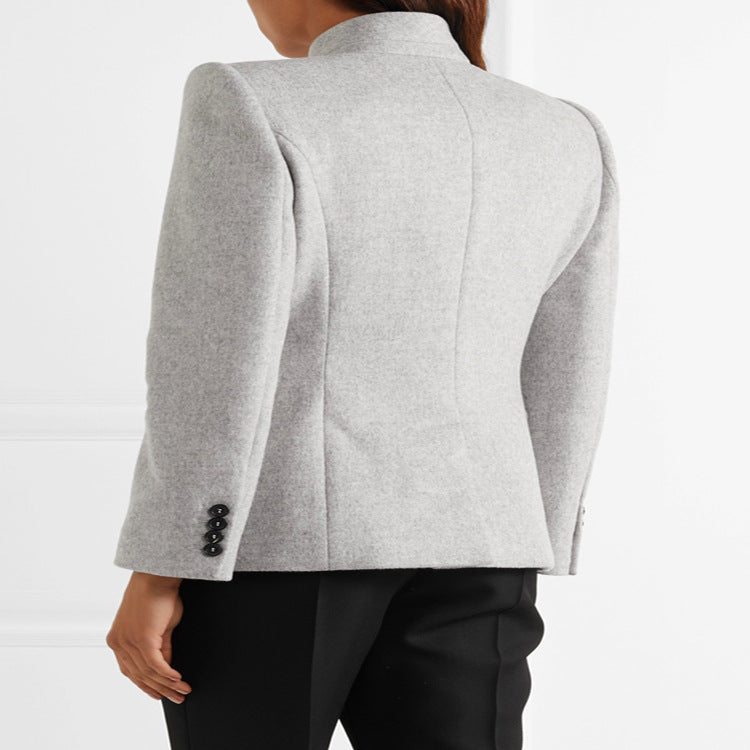 Women Tailored Wool Blend Blazer with Stand Collar, Structured Shoulder and Flap Pockets Chichicherry