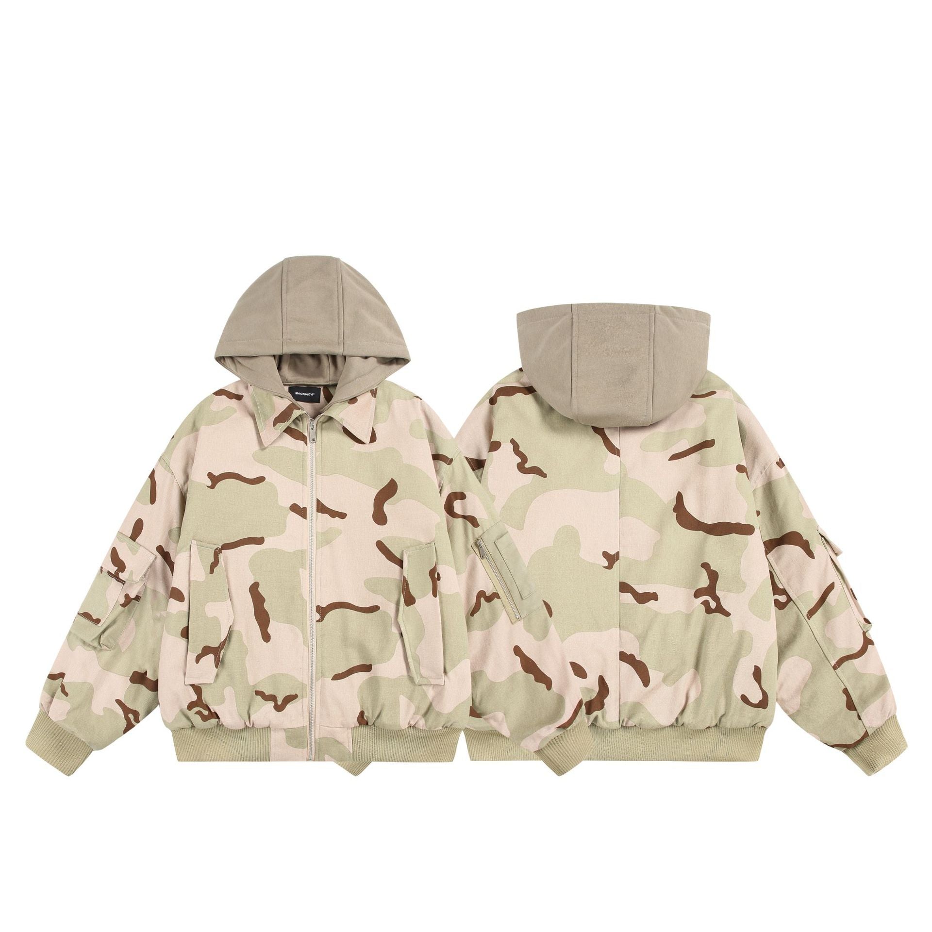 Unisex Oversize Cargo Bomber Jacket with Hood and Patches Utility Pockets Chichicherry