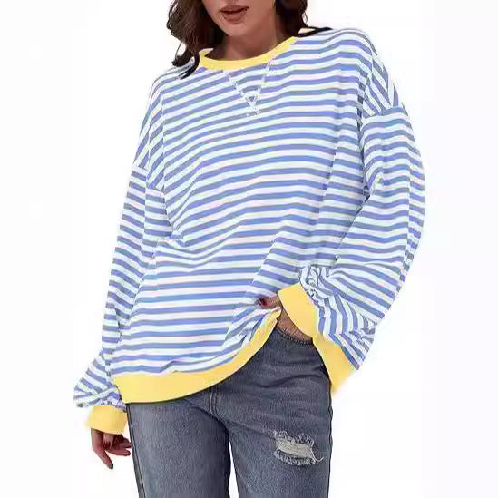 Women Striped Oversized Sweater with Contrast Cuffs Chichicherry