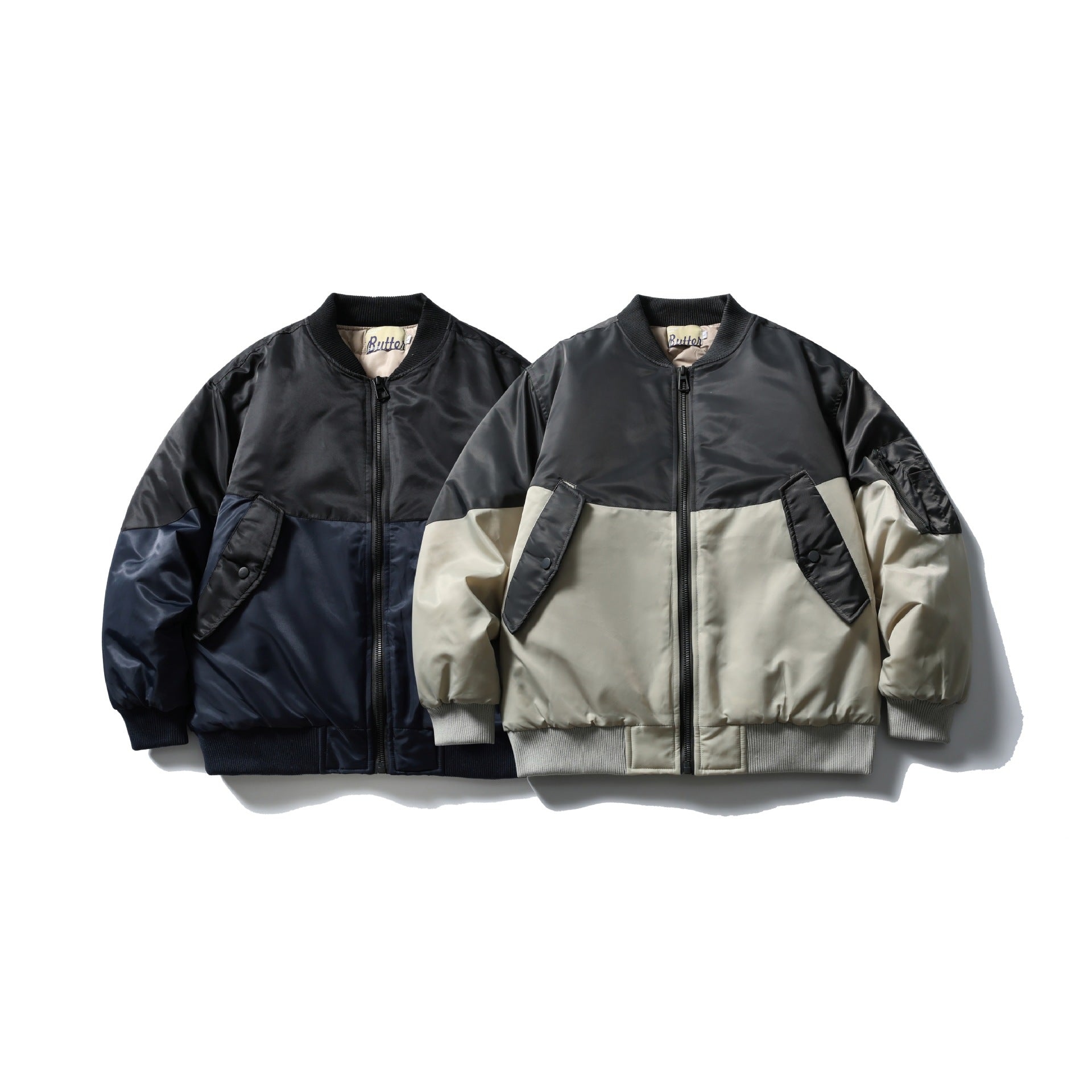 Unisex Short Cut Two-Tone Nylon Bomber Jacket with Utility Flap Pockets and Sleeve Zipper Chichicherry