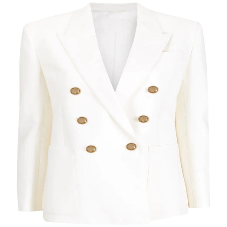 Women's Boxy Double-Breasted Blazer in Clean Tailoring with Structured Shoulders Chichicherry