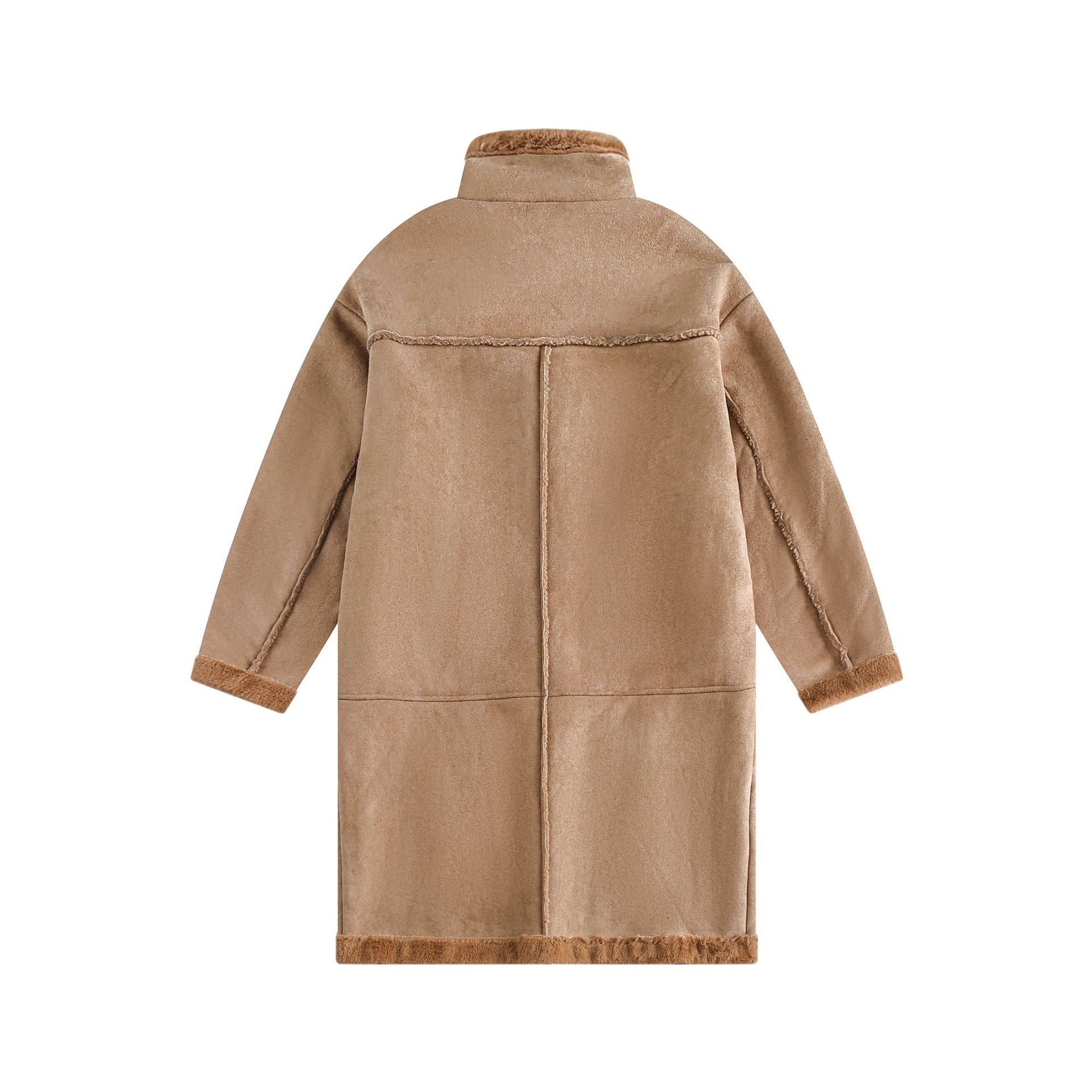 Women Long Oversize Sheepskin Imitation Coat with Stand-up Collar and Buckle Closure Chichicherry