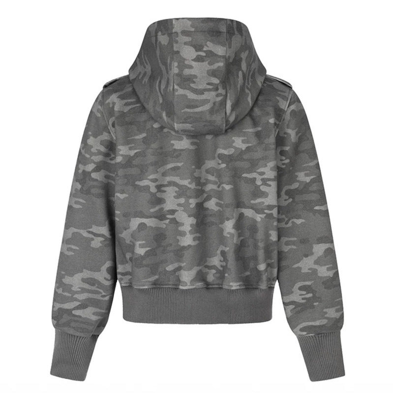 Women's cropped hooded sweatshirt jacket in military camo with decorative star strap details Chichicherry