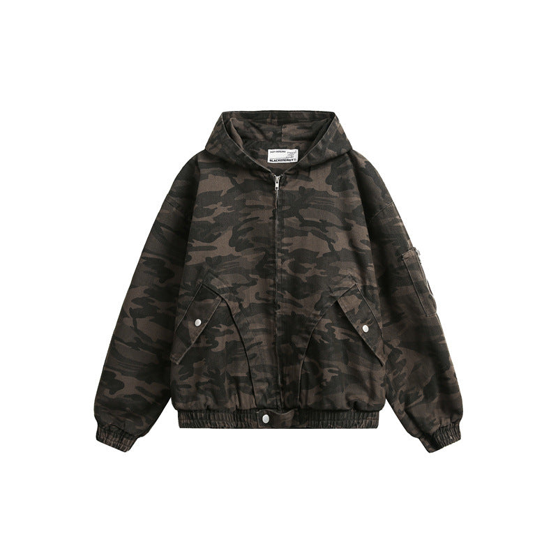 Men's Camouflage Boxy Field Jacket with Hood, Utility Pockets and Elastic Hem Chichicherry