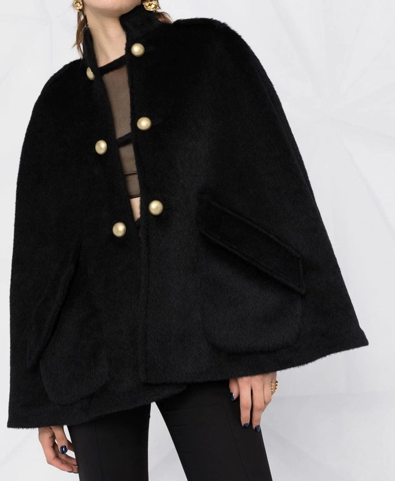 Women's short cape with stand-up collar, velvety texture and decorative gold buttons Chichicherry