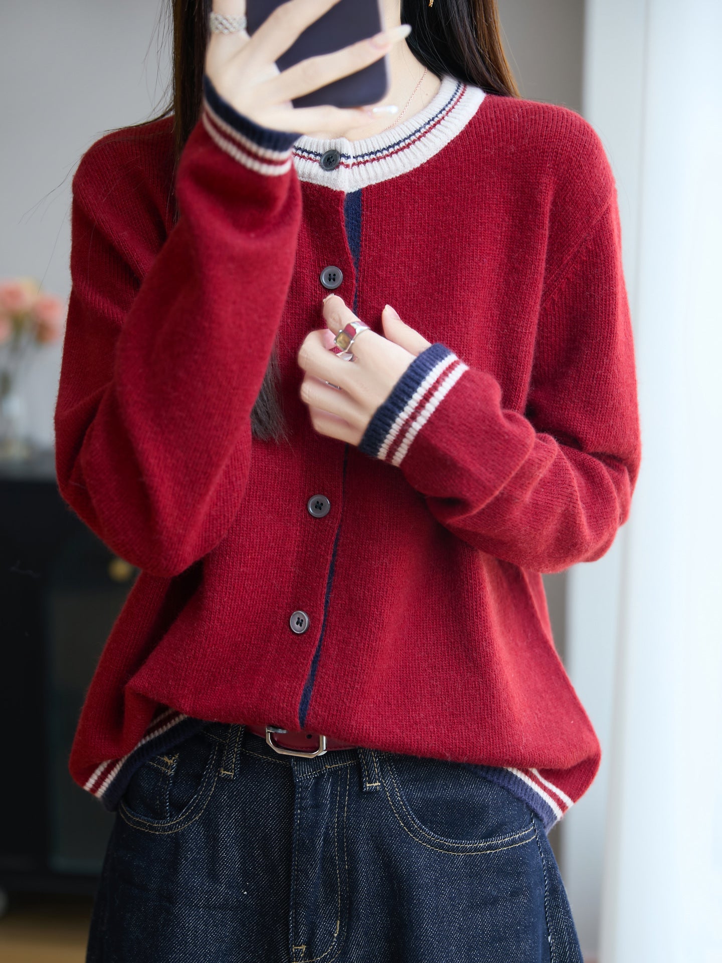 Women's Loose Fine Knit Cardigan with Contrast Stripes at Collar and Cuffs Chichicherry
