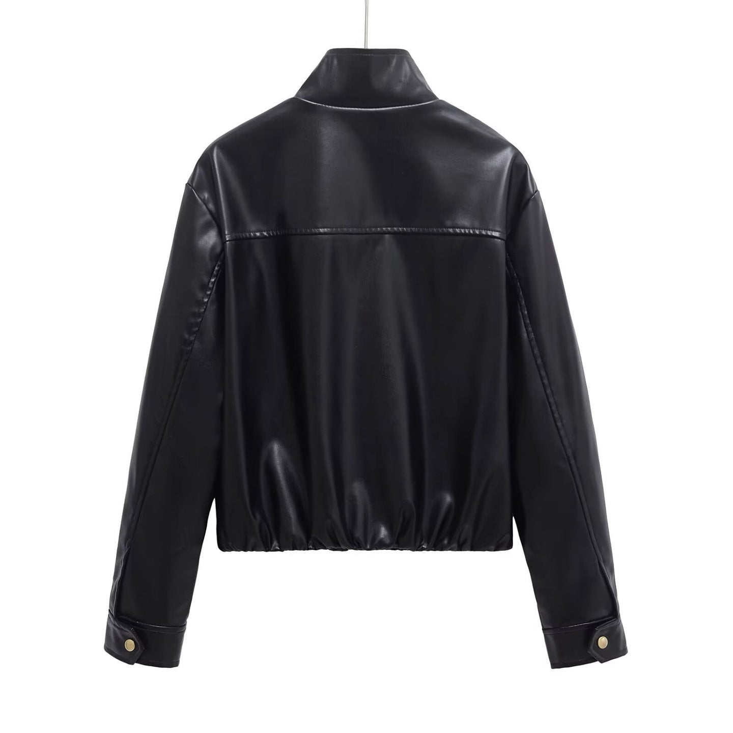 Ladies short cut faux leather bomber jacket with standing collar and zipper Chichicherry