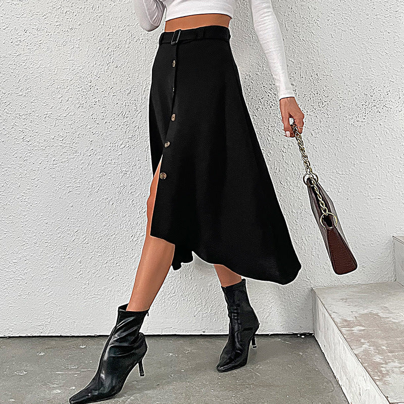 Women's midi skirt with decorative button placket, waist belt, and slightly A-line cut Chichicherry