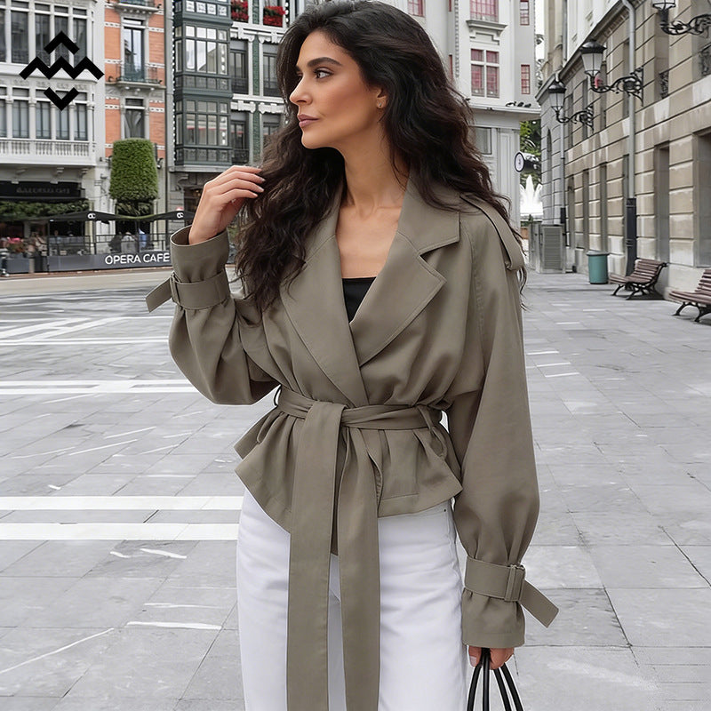 Women Tailored Wrap Coat with Extra Long Tie Belt Chichicherry