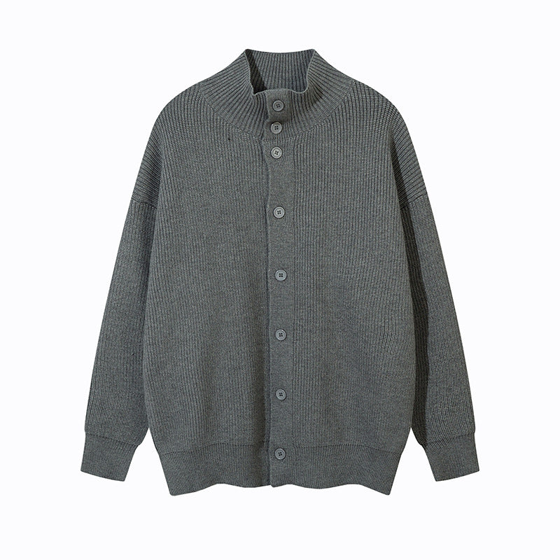 Unisex Oversize Cardigan with Stand Collar and Full Button Placket Chichicherry