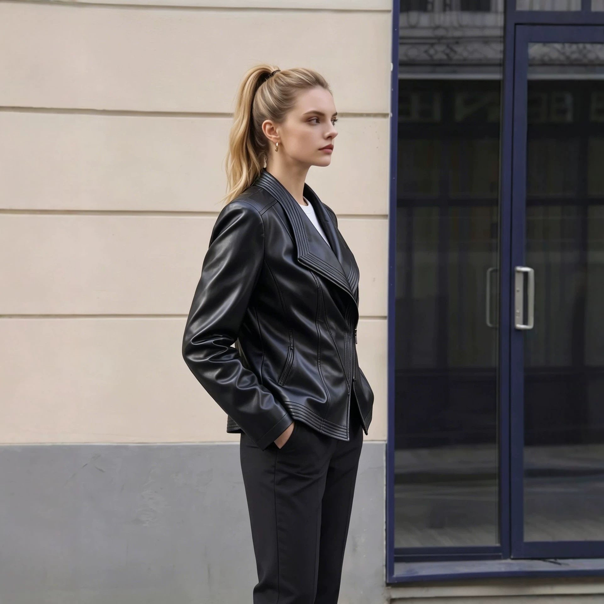 Women's Tailored Faux Leather Jacket with Asymmetrical Zipper and Decorative Stitching Chichicherry