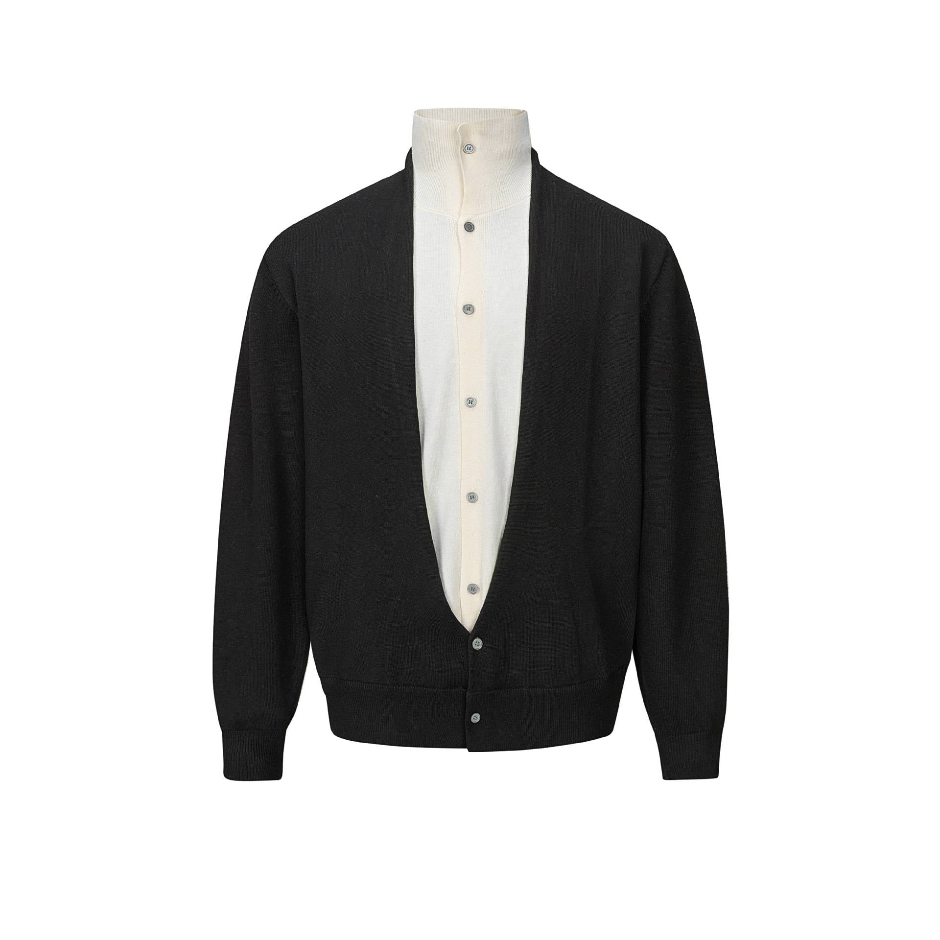 Men's fine-knit layering cardigan with deep V-neck and integrated polo collar Chichicherry