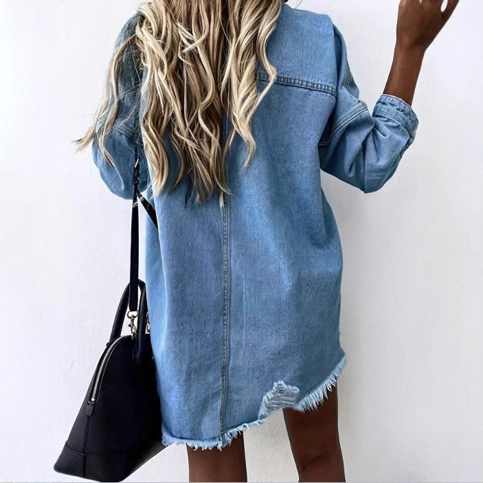 Women's Oversize Denim Shirt Jacket with Fringe Hem, Chest Pockets and Destroyed Detail Chichicherry