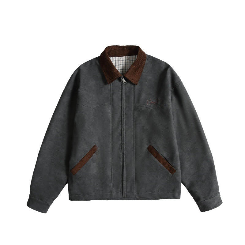 Women Oversize Suede-Look Bomber Jacket with Cord Collar and Concealed Zipper Chichicherry