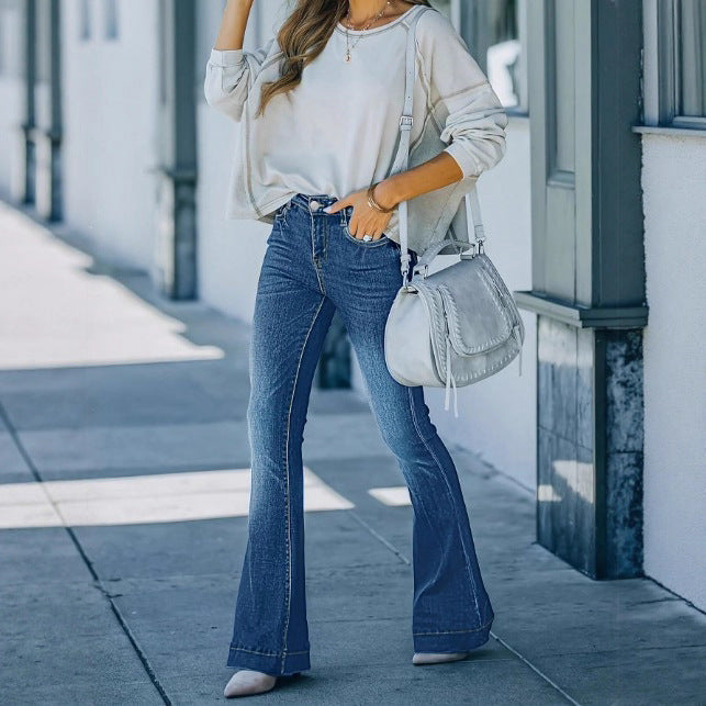Women's vintage-inspired high-waisted flared jeans with sculpting seam details Chichicherry