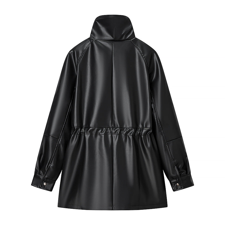 Women's Water-Repellent Parka Jacket Made of Faux Leather with High Stand Collar and Tunnel Drawstring Waist Chichicherry