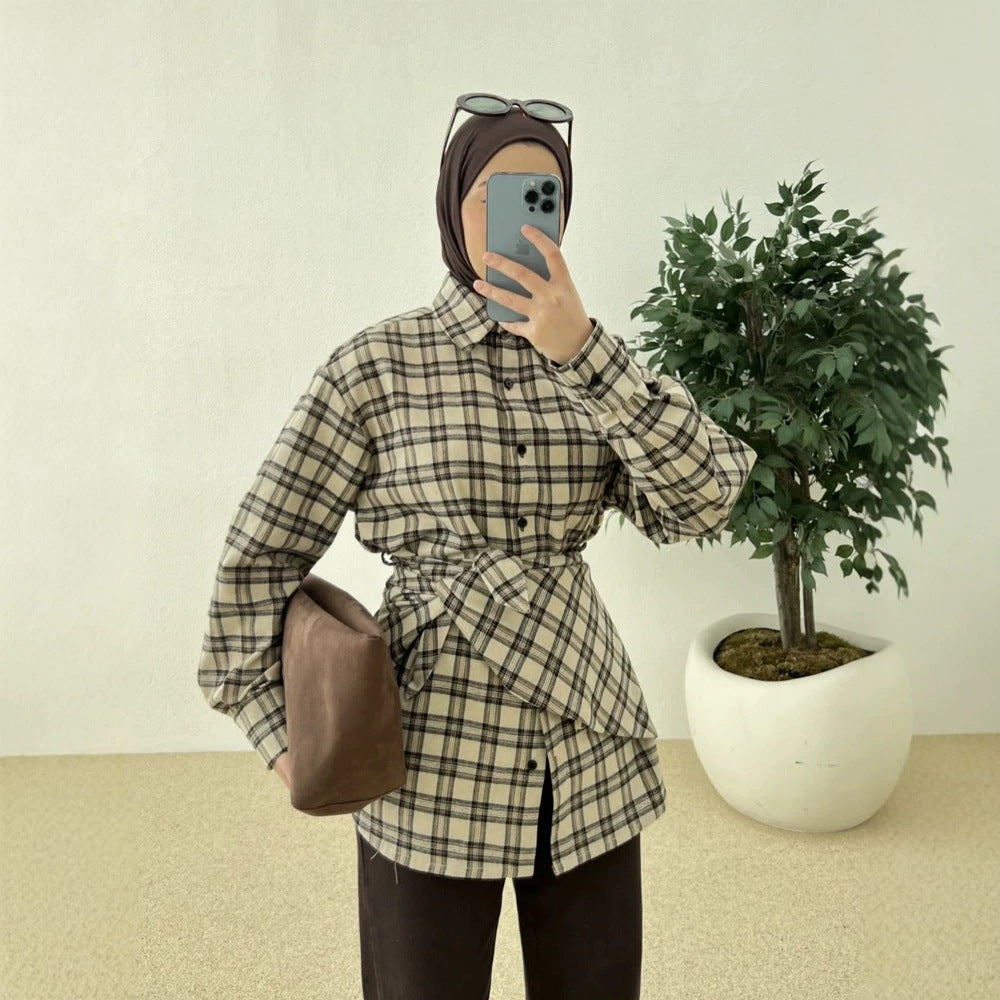Women's Oversized Checked Shirt with Waist Belt and Extended Back Hem Chichicherry