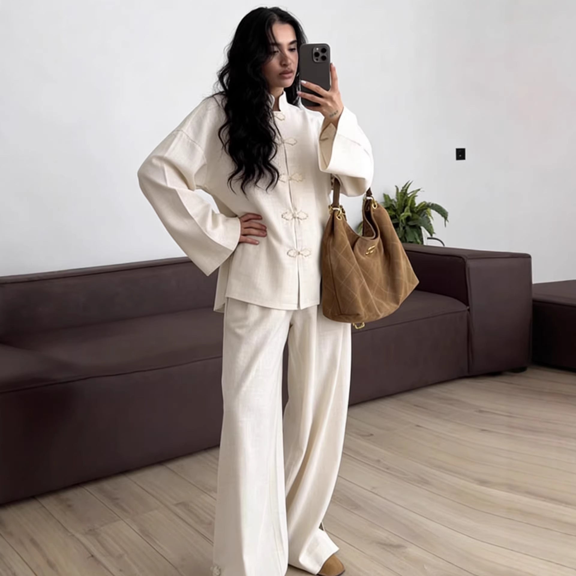 Women's Oversized Mandarin Jacket with Knot Closures and Wide Sleeves Chichicherry