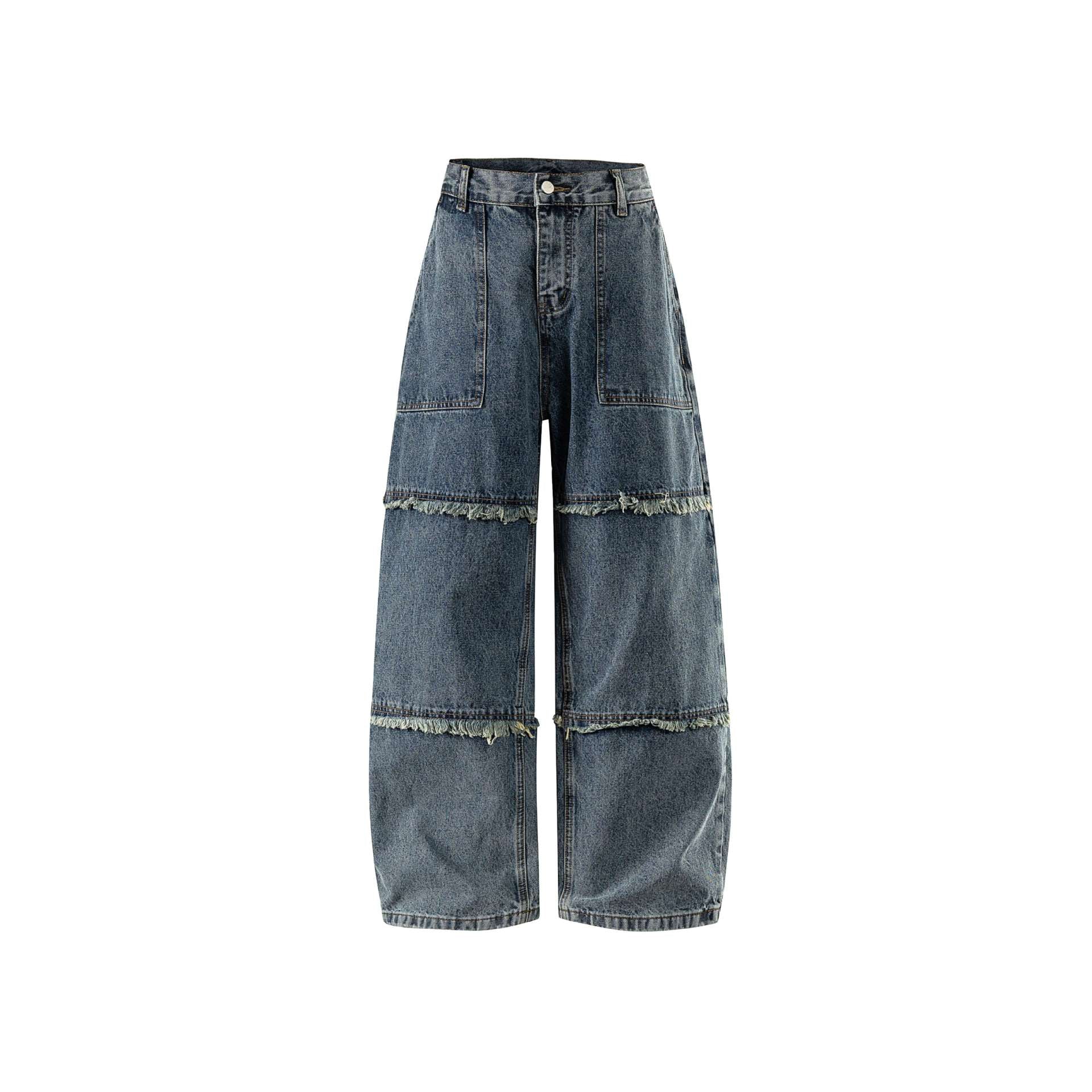 Women High-Waist Wide Denim Culotte with Patch Pockets and Fringes Chichicherry