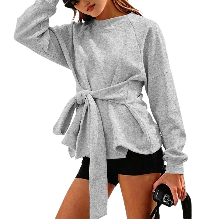 Women's Oversized Sweatshirt with Wrap Belt, Peplum and Raglan Sleeves Chichicherry