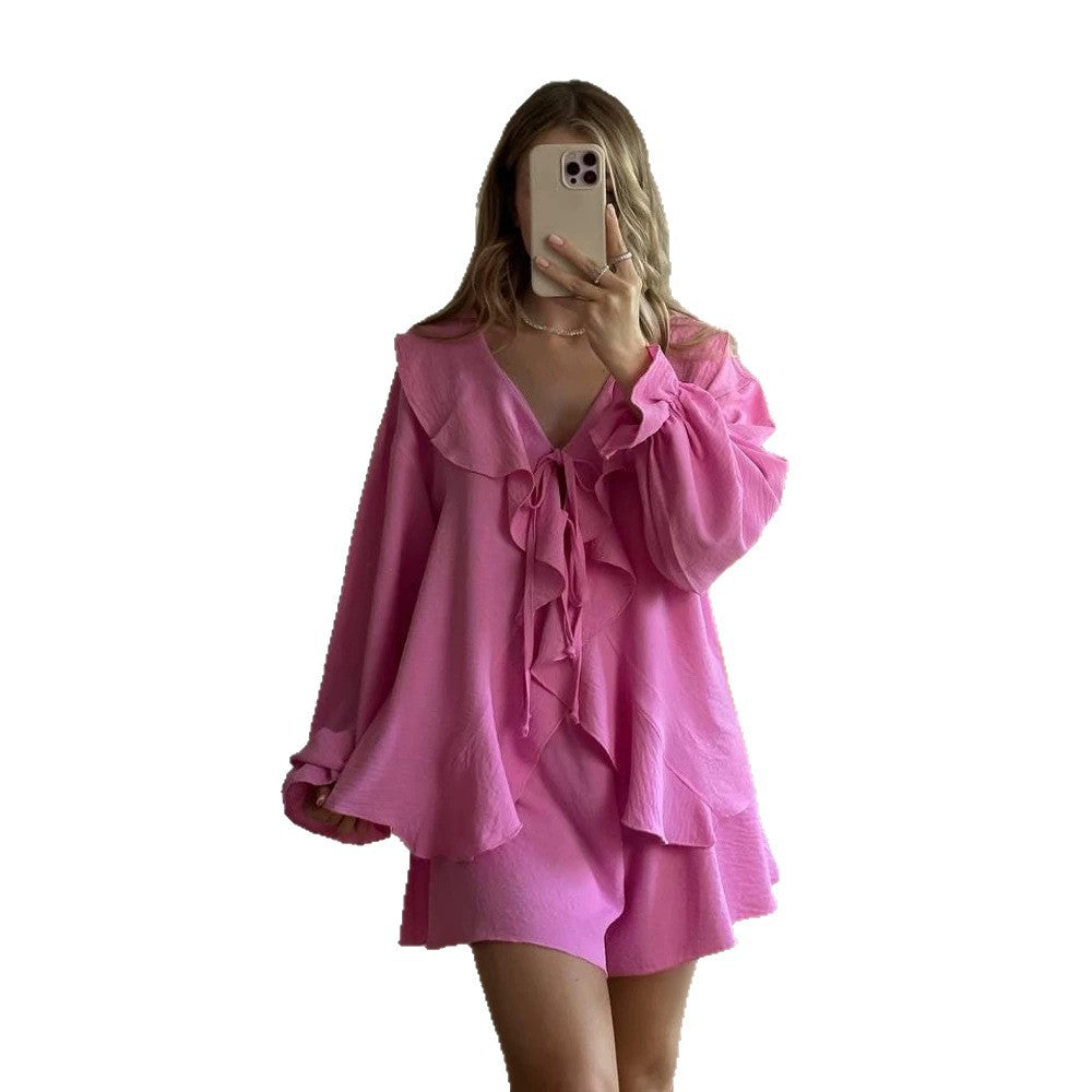 Women's Playful Ruffle Set made of lightweight Crepe Quality with Tie Blouse and A-Line Mini Skirt Chichicherry