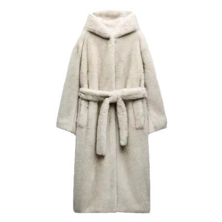 Women Longer Teddy Faux Fur Coat with Tie Belt and Oversized Silhouette Chichicherry