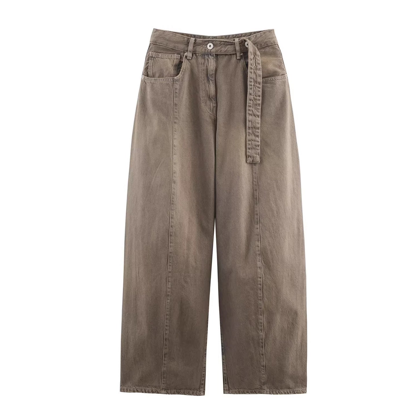Women's wide high-waisted culotte pants with decorative seams, patch pockets and tie belt Chichicherry