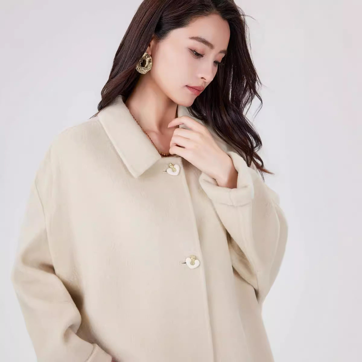 Women's Oversize Wool Cocoon Coat with Decorative Heart Buttons Chichicherry