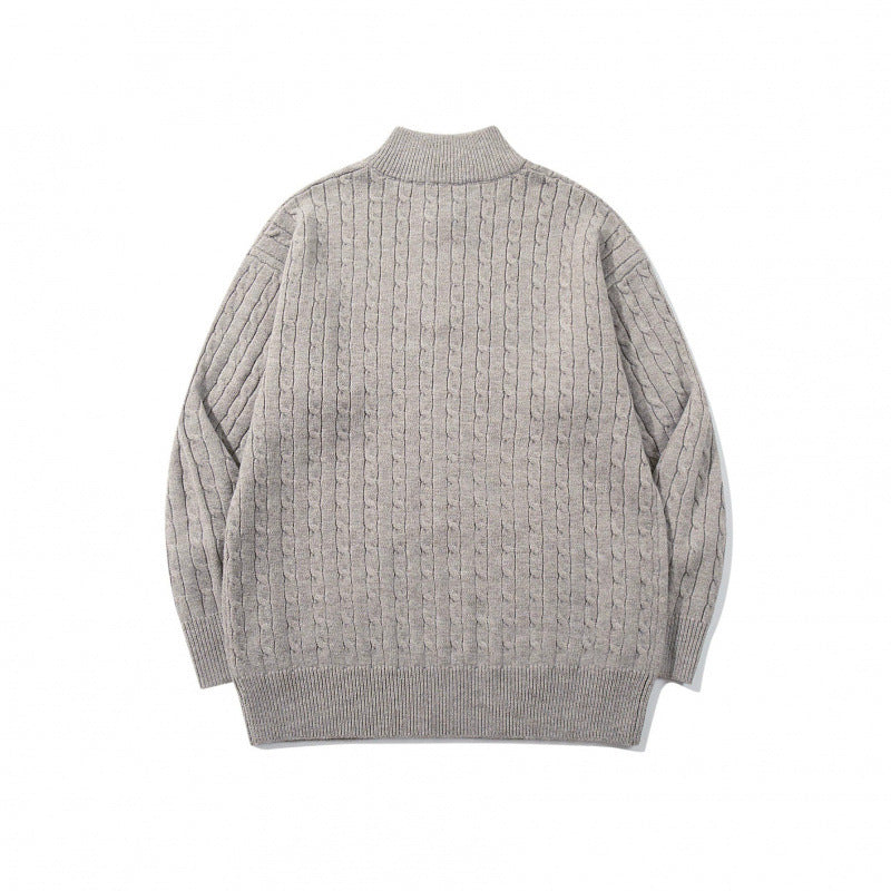 Unisex Oversize Braided Knit Half-Zip Sweater with Short Stand-Up Collar and Wide Ribbed Hem Chichicherry