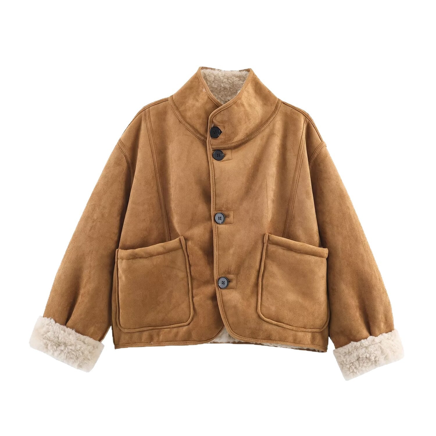 Women's Short Lambskin Imitation Jacket in Boxy Cut with Stand-Up Collar and Large Outer Pockets Chichicherry
