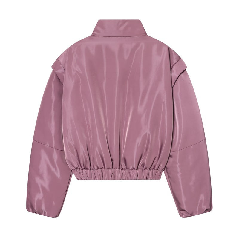 Women's short shiny bomber jacket with standing collar, tailored elastic waistband and concealed zipper Chichicherry
