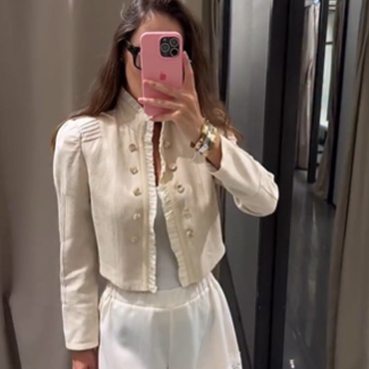 Women's cropped jacket with ruffle trim, puff sleeves, and double-breasted button placket Chichicherry
