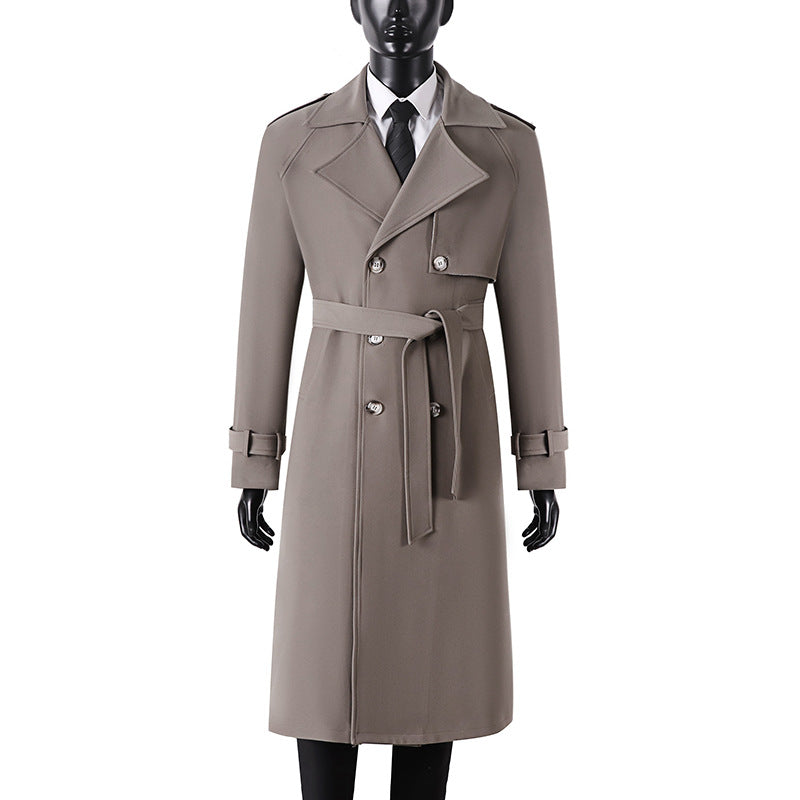Men's Long Minimalist Trench Coat with Storm Flap, Waist Belt, and Adjustable Cuffs Chichicherry