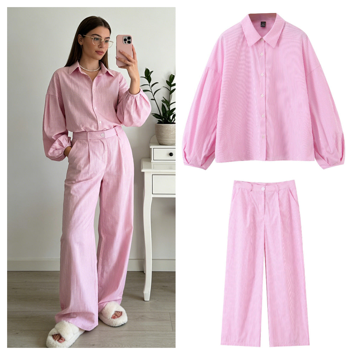 Women Two-Piece Striped Set with Oversized Shirt and High-Waist Palazzo Pants Chichicherry