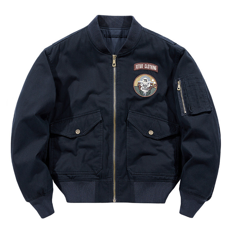 Men's Short-Cut Pilot Bomber with Utility Pockets and Embroidered Patches Chichicherry