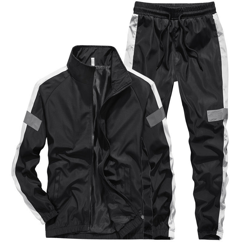 Men's Sportive Leisure Training Suit Set made of lightweight windbreaker material with contrast stripes and reflective inserts Chichicherry