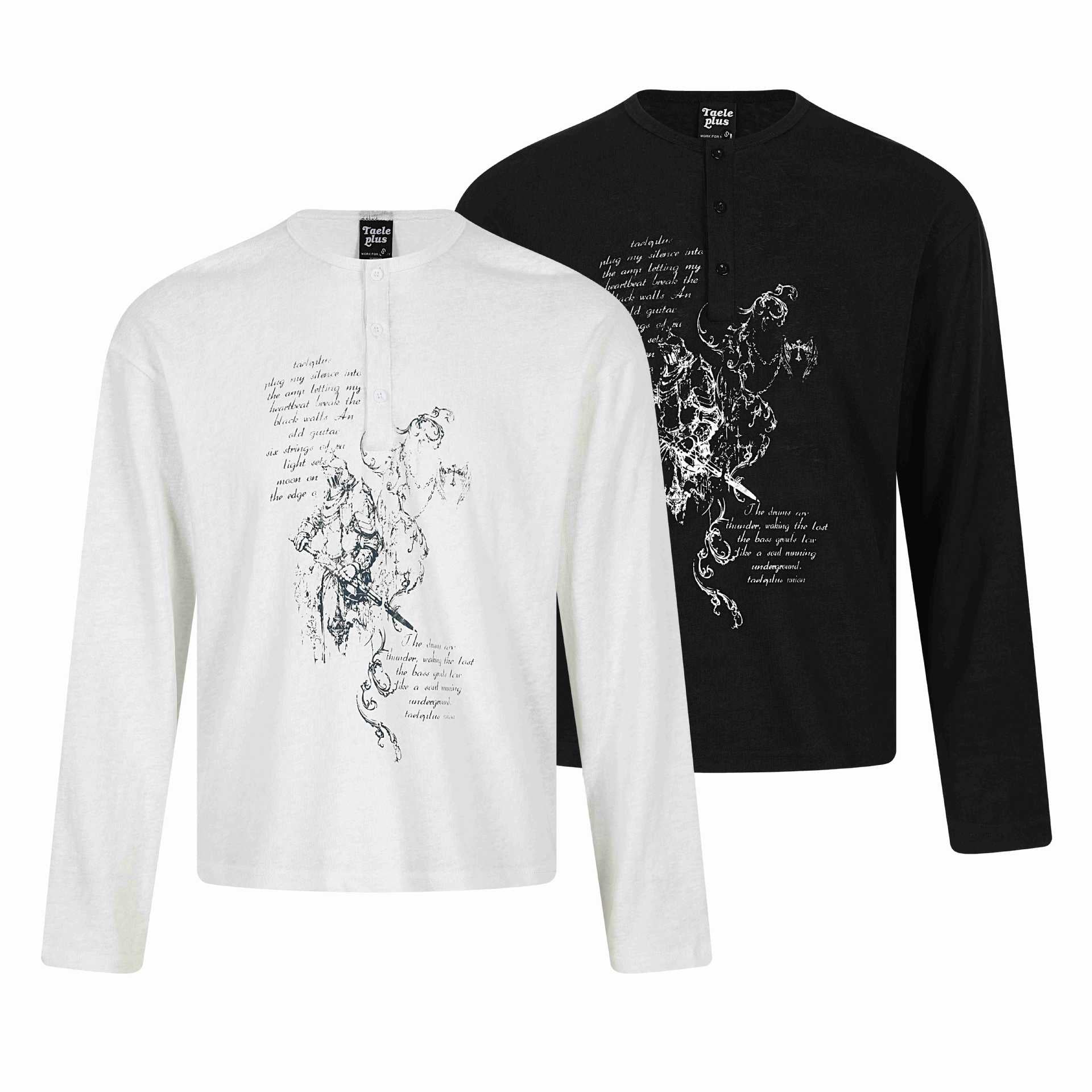 Unisex Long Sleeve Henley Shirt with Button-Up Chest Placket and Vintage Illustration Print Chichicherry