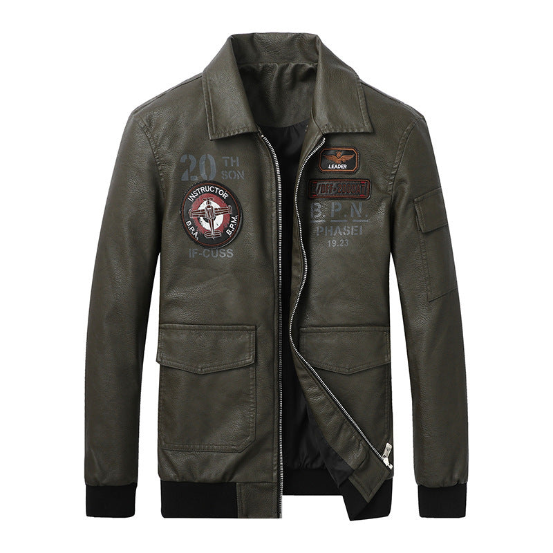 Men's pilot bomber jacket in aviator look made of synthetic leather with appliqués and ribbed cuffs Chichicherry