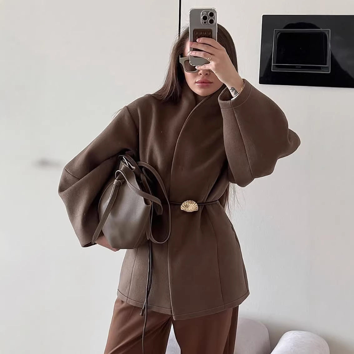 Women's Tailored Wrap Mortar Coat with Narrow Leather Belt and Shell Buckle Chichicherry