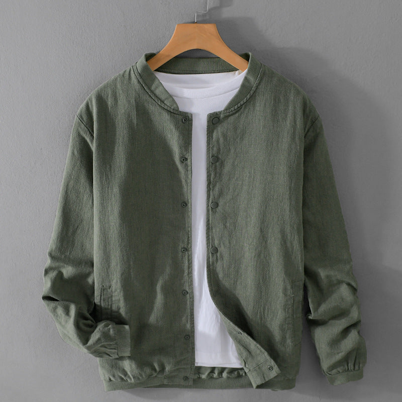 Men's Lightweight Linen Bomber Jacket with Stand Collar and Snap Buttons Chichicherry