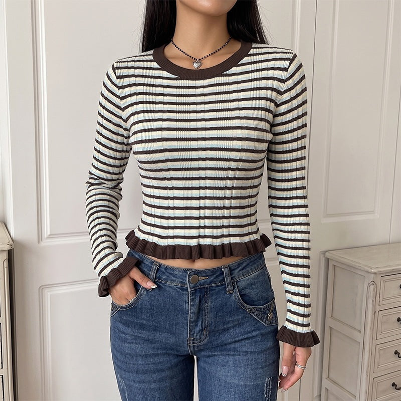 Women's fitted ribbed cropped long sleeve with frill edge and fine stripe pattern Chichicherry