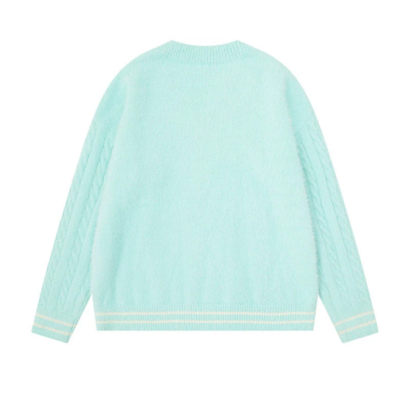 Women's V-neck knitted sweater with cable sleeves and chenille cat motif Chichicherry