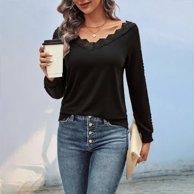 Women's fine knit long sleeve with lace V-neck and lace trim on the sleeves Chichicherry