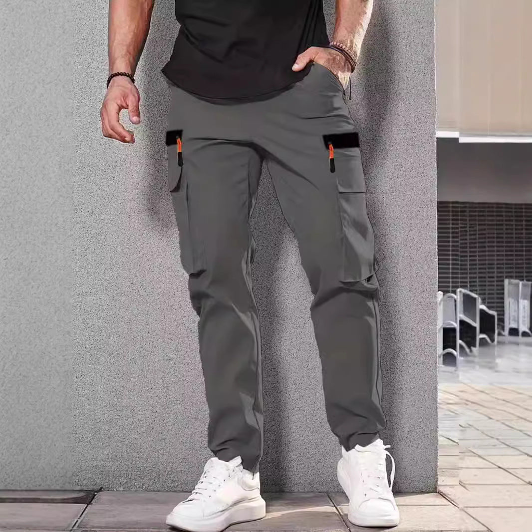 Men's Slim-Tapered Utility Cargo Pants with Elastic Waistband, Drawstring & Multiple Flap Pockets Chichicherry