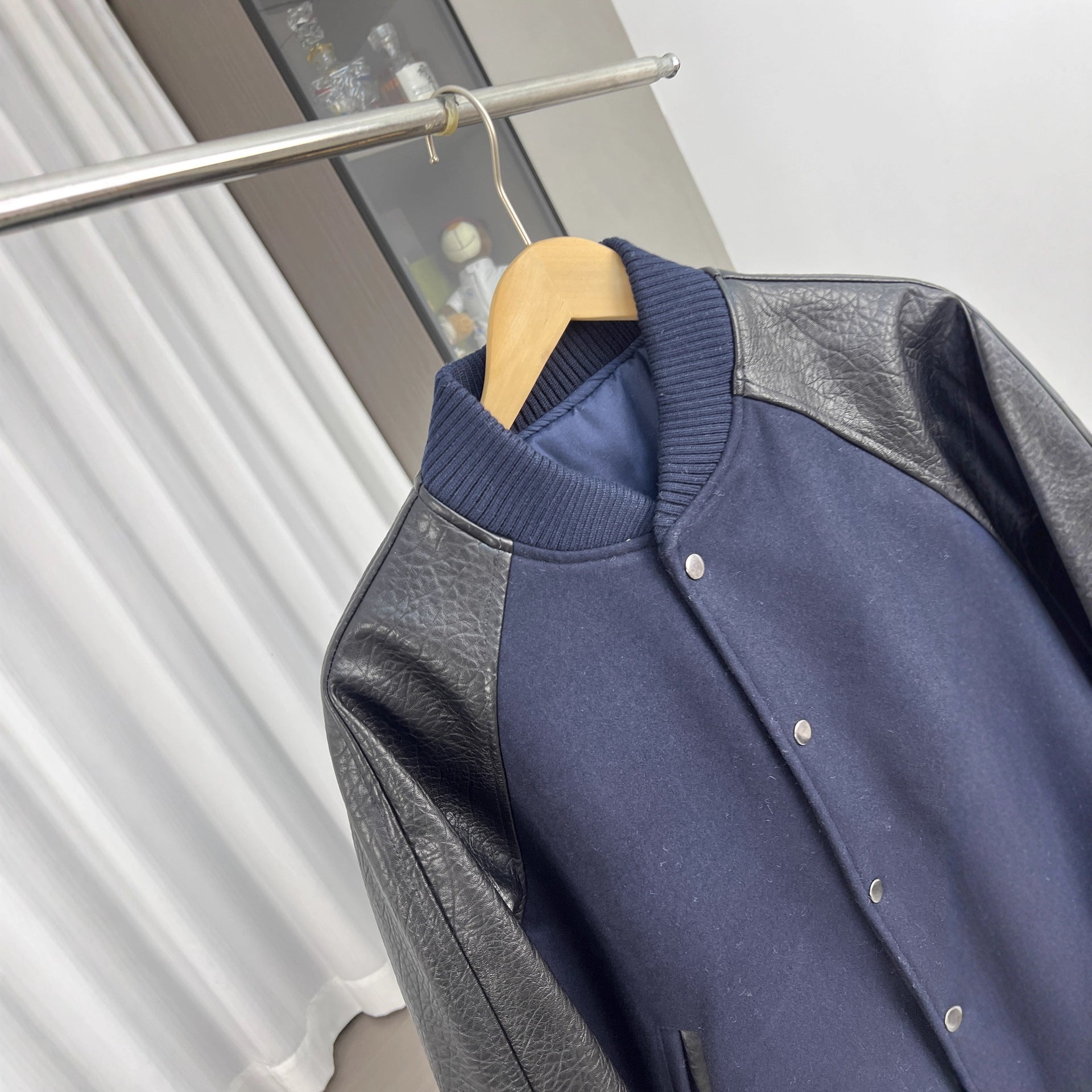 Men's College Bomber Jacket with Wool Blend Body and Structured Leather Look Sleeves Chichicherry