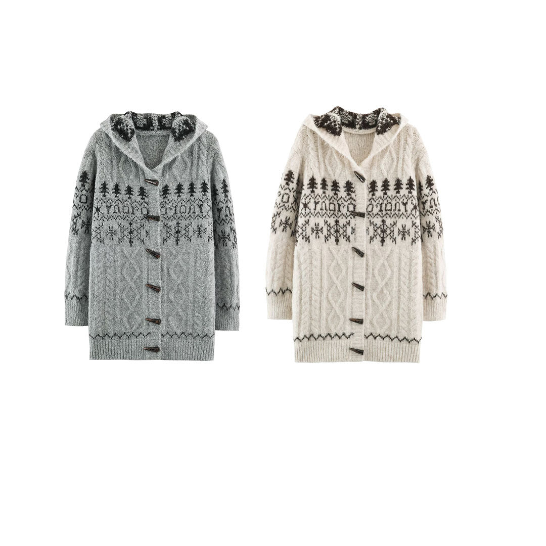 Women's Coarse Knit Hooded Cardigan with Horn Buttons and Norwegian Pattern Chichicherry