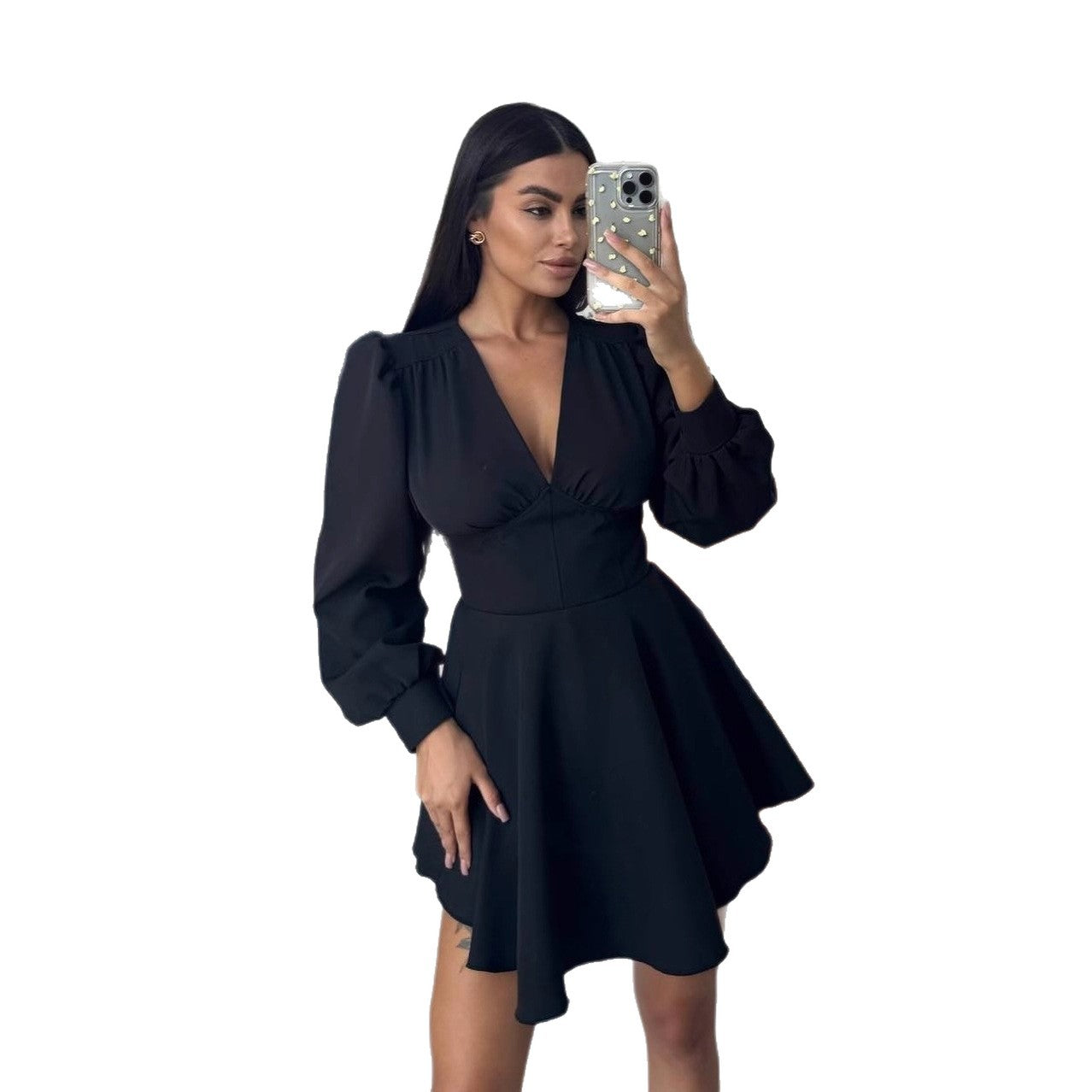 Damen Korsett-Detail Mini-Kleid mit Puffärmeln und ausgestelltem Rock Chichicherry